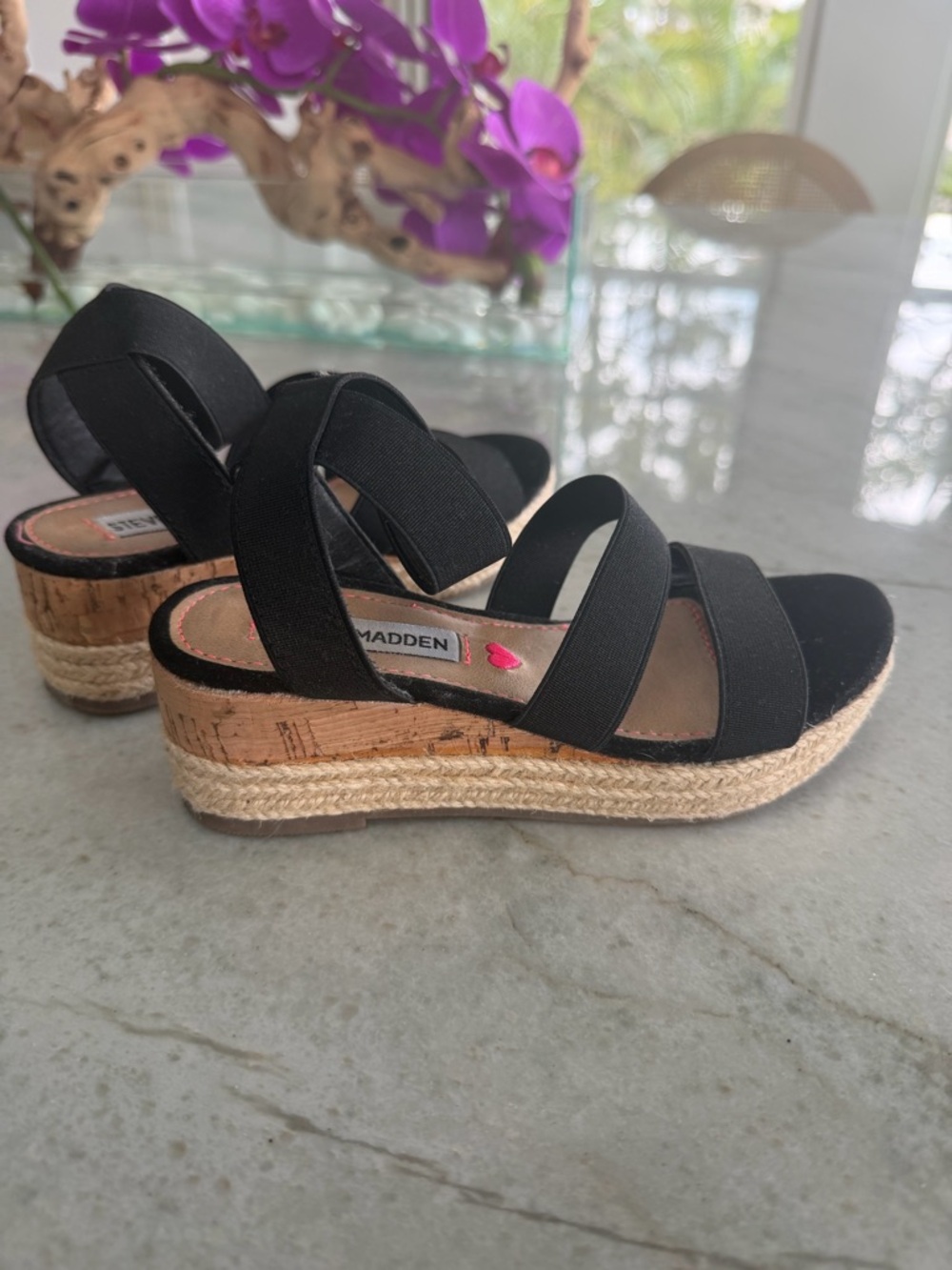 Steve Madden Black Elastic Espadrille Wedge Sandals